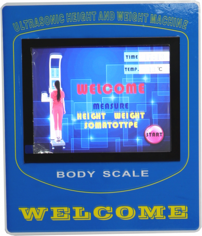 La escala plegable de la altura y del peso con la publicidad del LCD de la presión arterial y de las grasas de cuerpo pantalla táctil defiende/